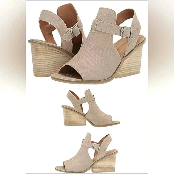 New Lucky Brand Boho Chic 9.5 Tan Leather Wedge Open Toe Slingback - Picture 1 of 6